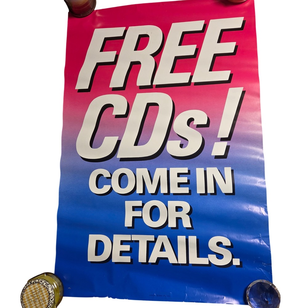Vintage 1986 CBS Inc Free CDs Promotional Poster 24x36 Music Store Sign 1J90000